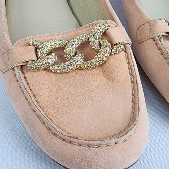 Stuart Weitzman Peach Suede Gold Chain Loafers Size 6.5 - Picture 4 of 6
